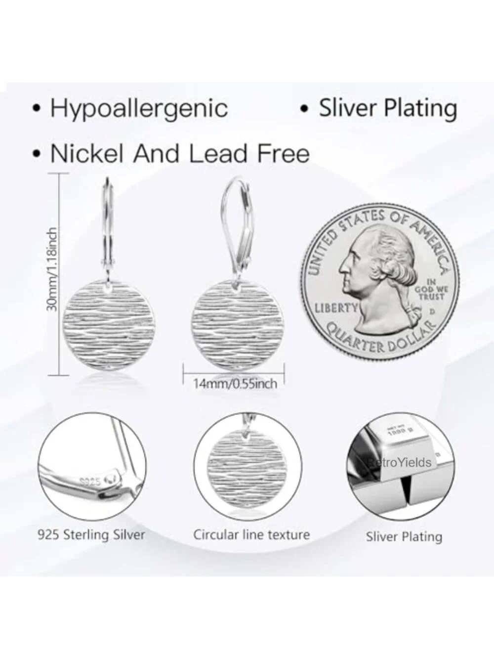 Silver Plated Brass Hammered Coin Drop Leverback Earrings Hypoallergenic 925